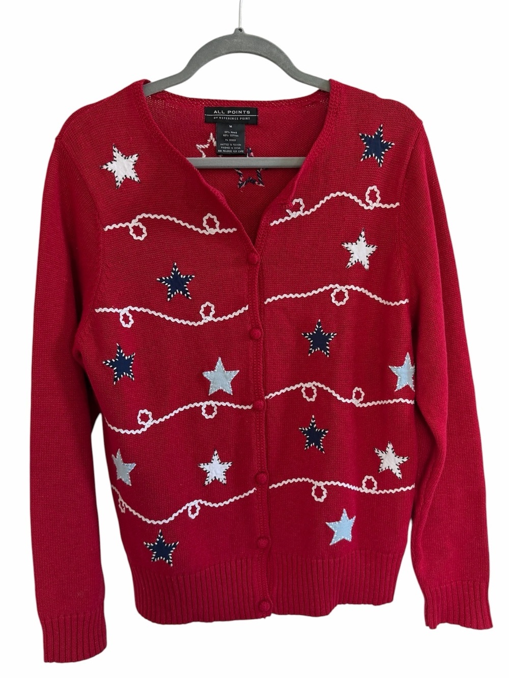 Vintage Y2K Americana Patriotic Star Cardigan Sweater Red Button Front Women’s M